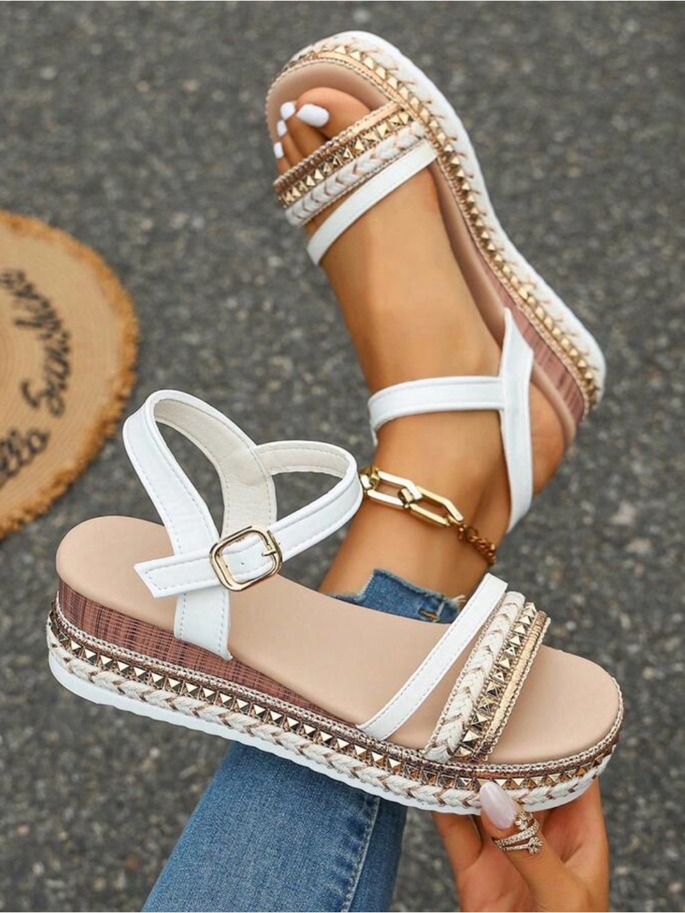 Women’s White and Beige Platform Sandals - Stylish Summer Espadrilles bling 7